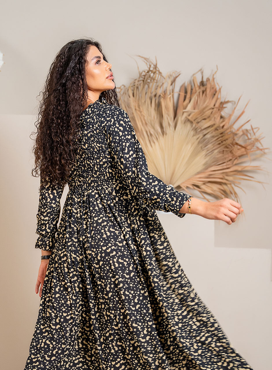 Infinite Grace: Black & Nude Tiered Frill Maxi Dress