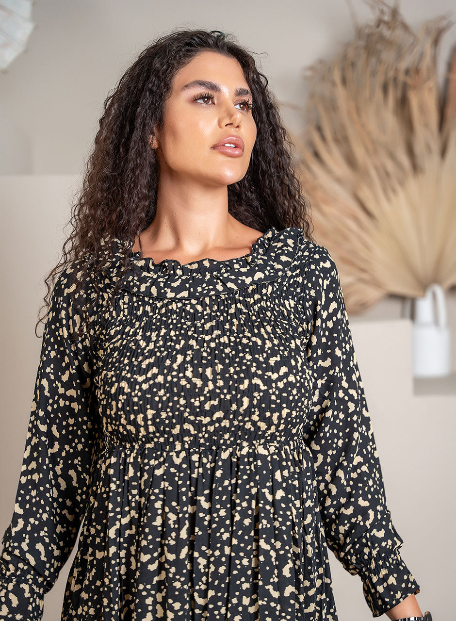 Infinite Grace: Black & Nude Tiered Frill Maxi Dress