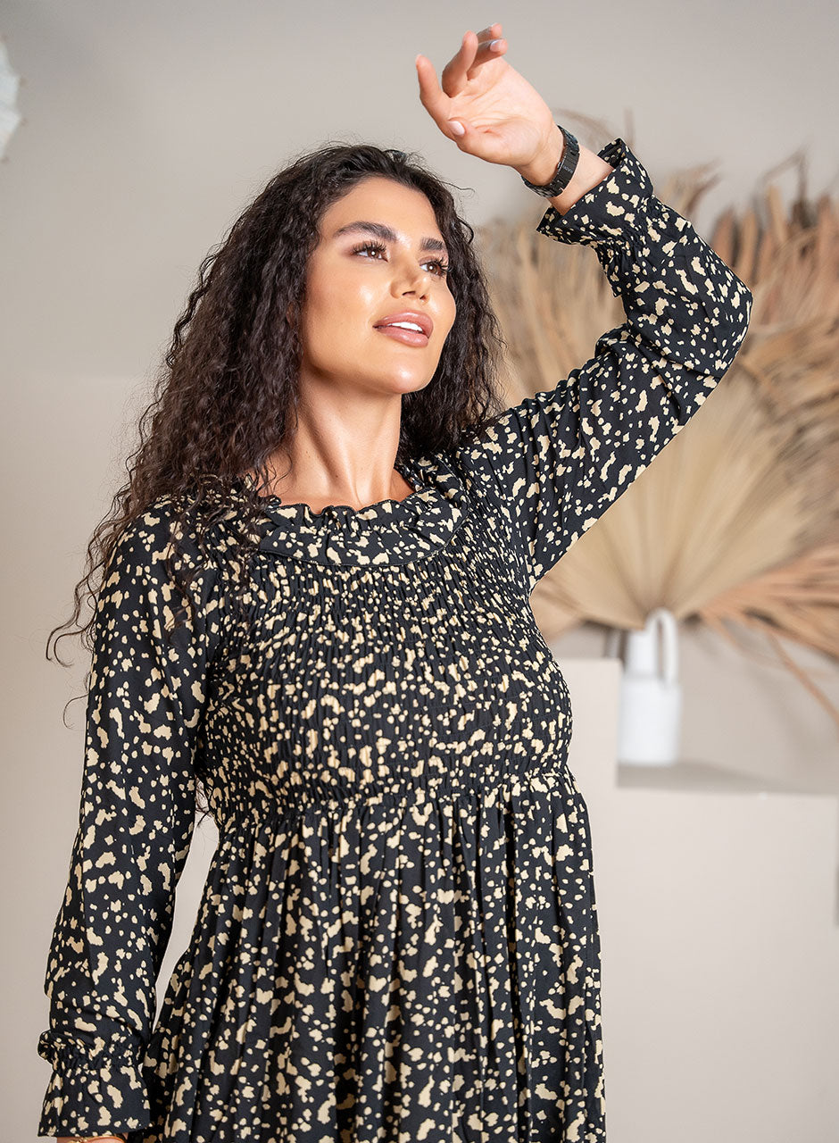 Infinite Grace: Black & Nude Tiered Frill Maxi Dress