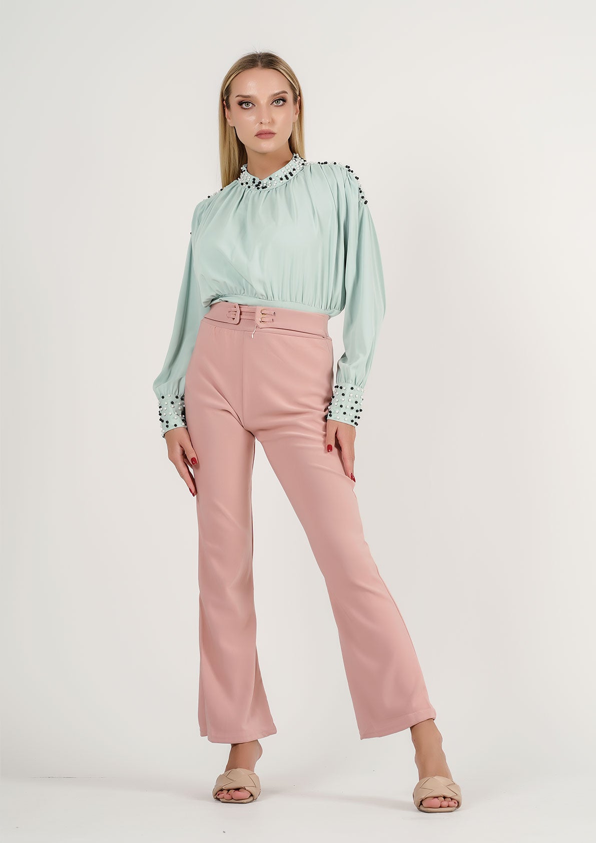 Chic Mint Breeze: The Sparkle-Adorned Top That Speaks Style