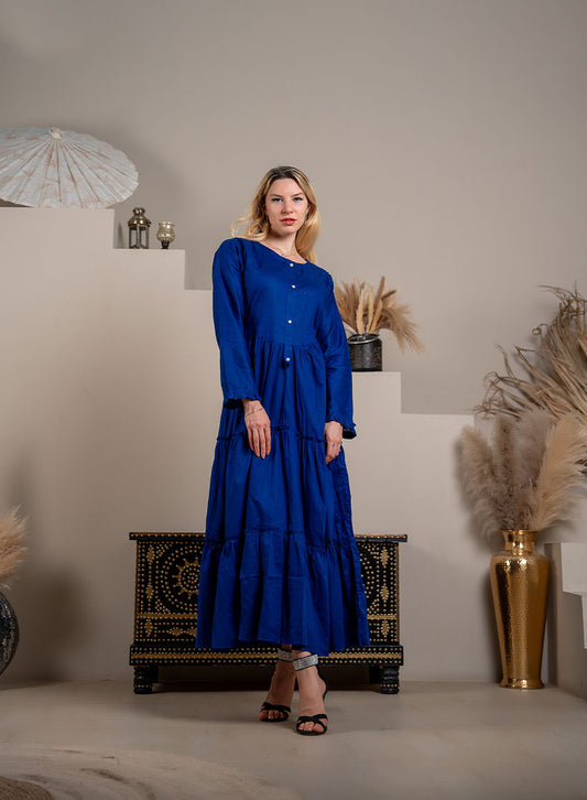 Chic Navy Blue Tiered Frill Maxi for Women - Cotton