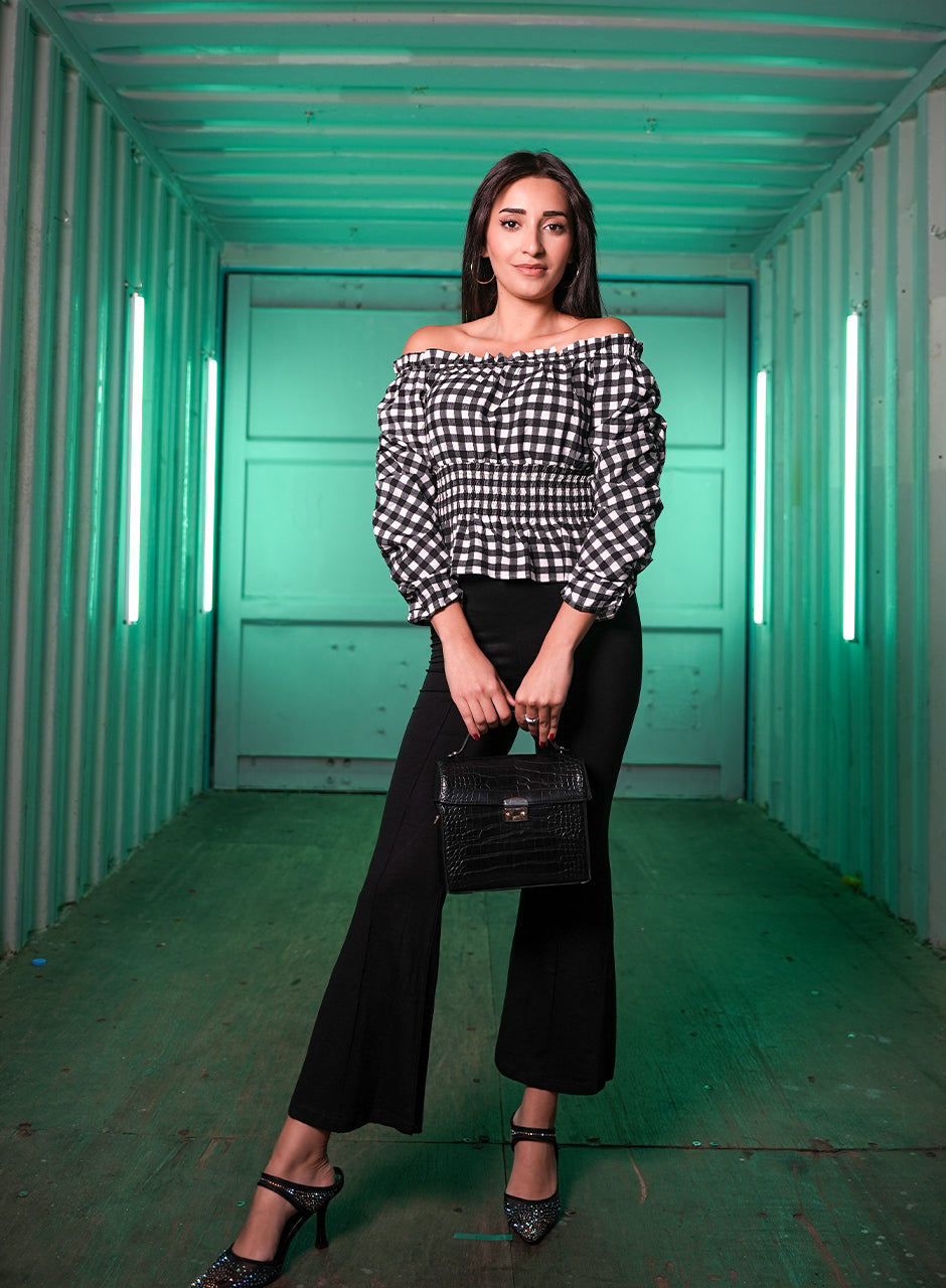 Noir Checkered Off-Shoulder Top