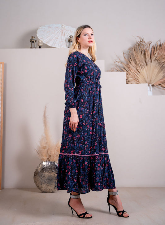 Dark Blue Maxi: Floral Splendor