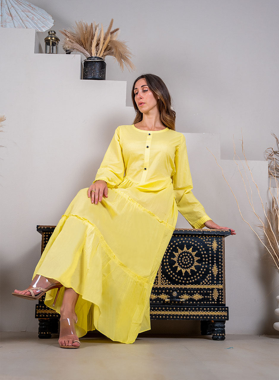 Sunlit Splendor: Radiant Yellow Tiered Frill Maxi Dress