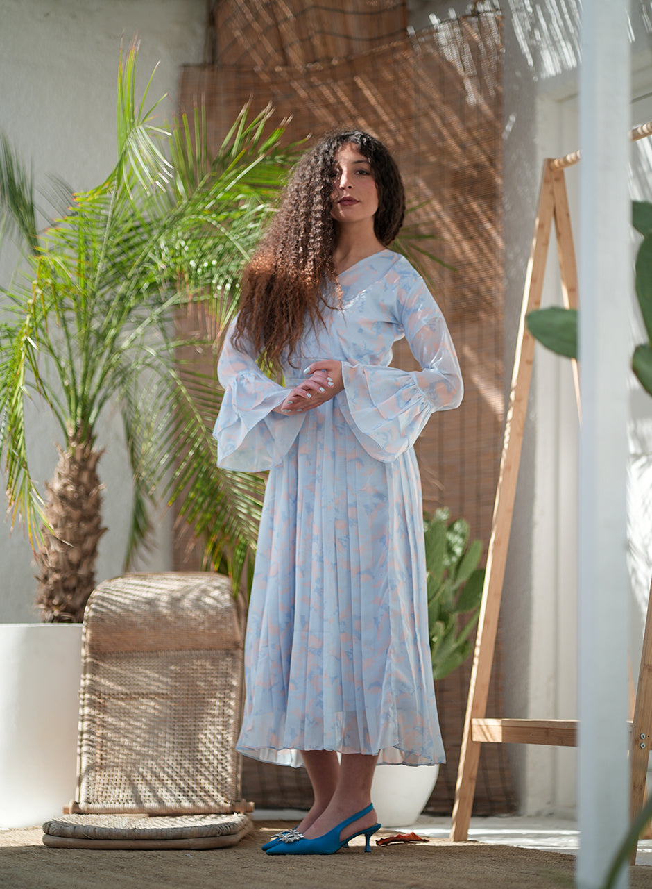 La Fleur - Glacier Garden Frilled Sleeves Maxi Dress