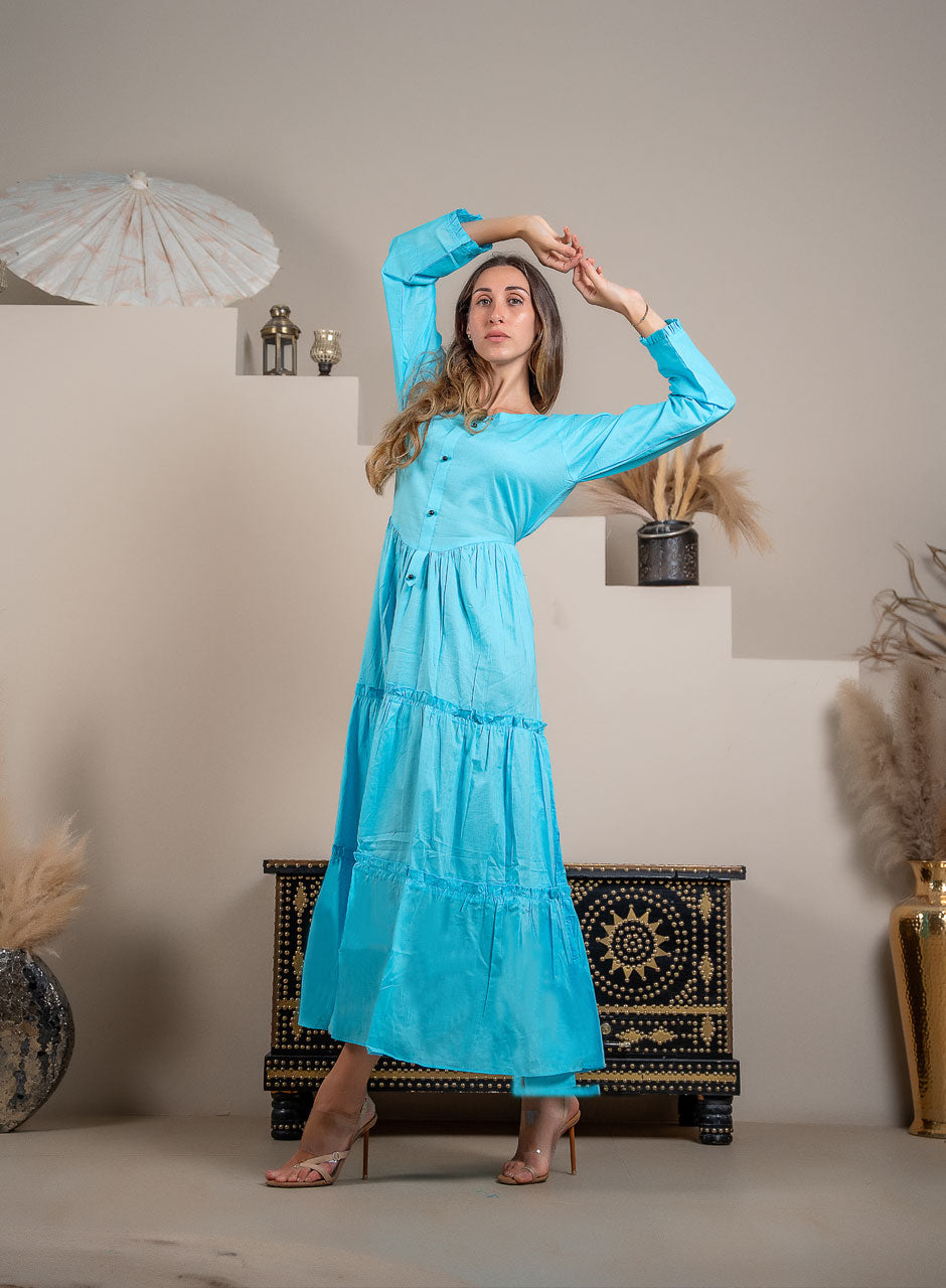 Captivating Charm: Light Blue Tiered Frill Maxi - Cotton