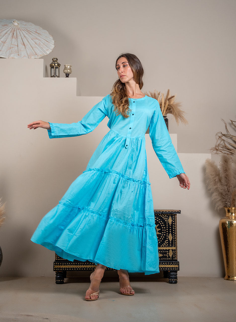 Captivating Charm: Light Blue Tiered Frill Maxi - Cotton