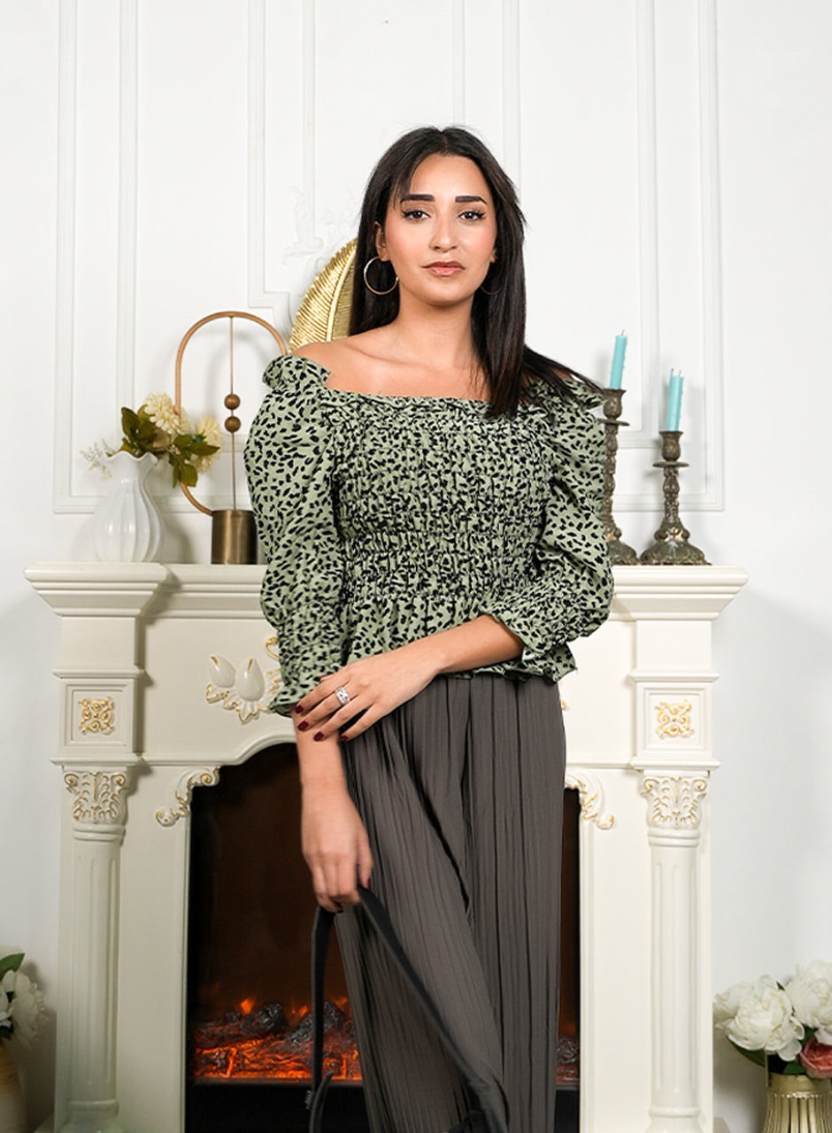 Spotted Green Frilled Off-Shoulder Top: