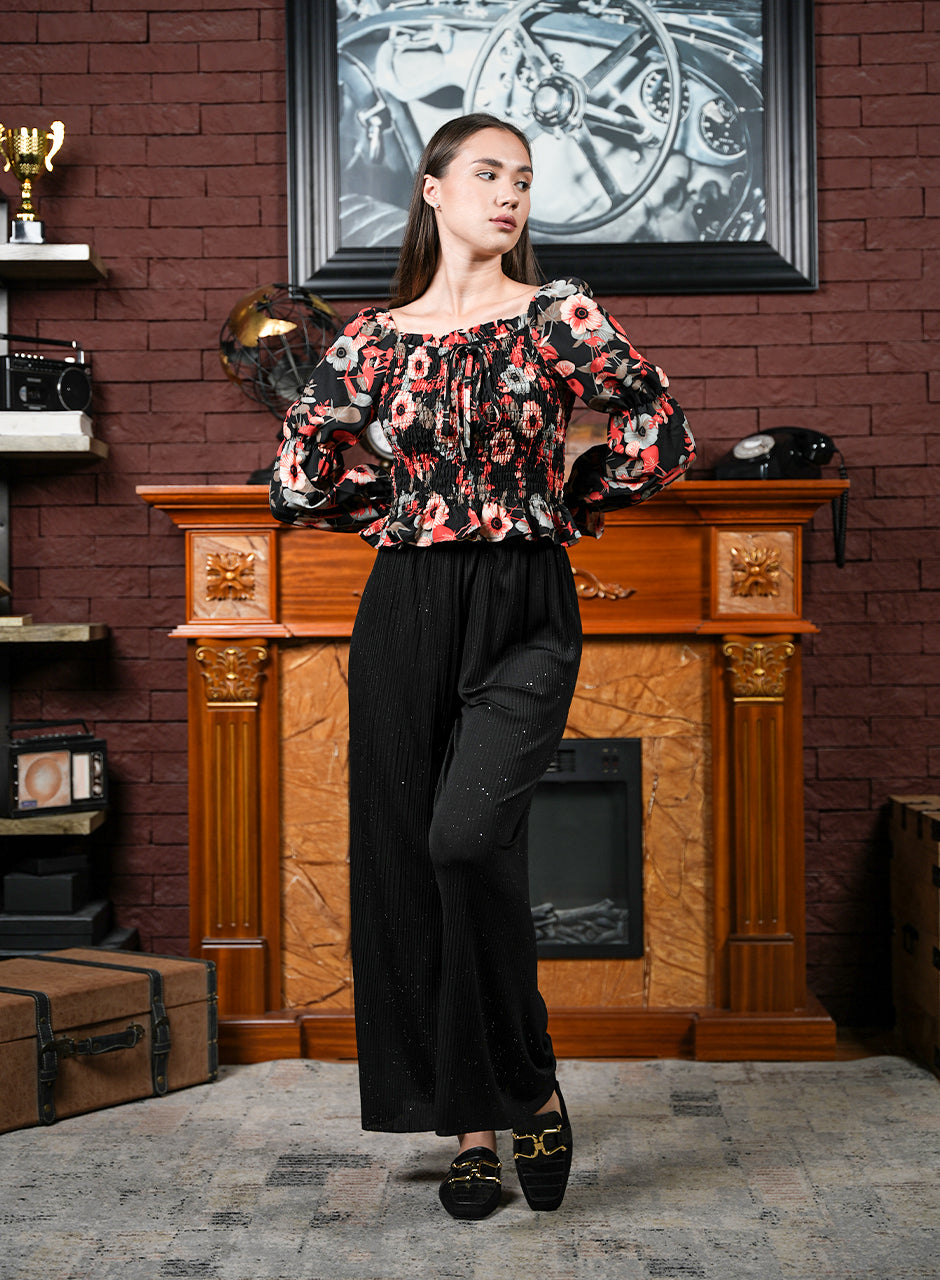 Floral Noir Ruffle Charm Top