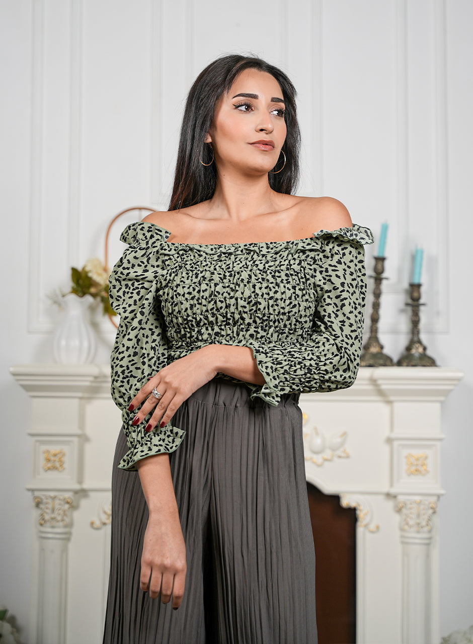 Spotted Green Frilled Off-Shoulder Top: