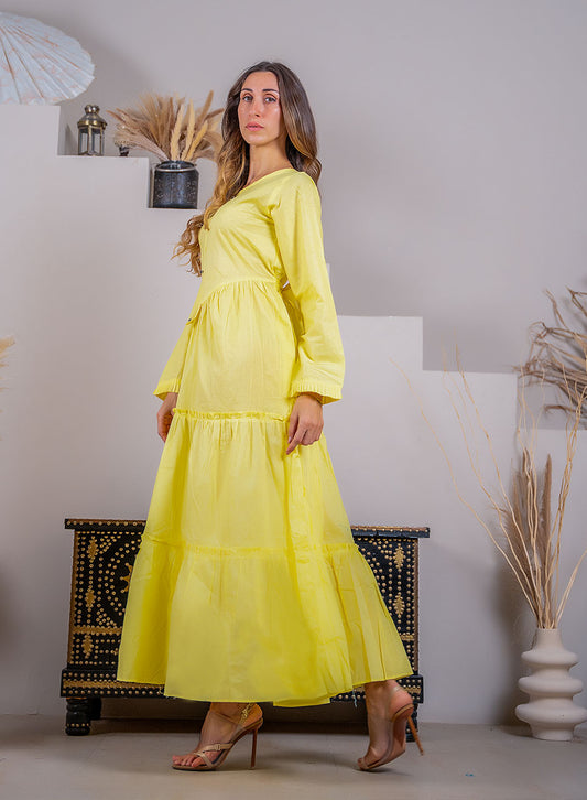 Sunlit Splendor: Radiant Yellow Tiered Frill Maxi Dress