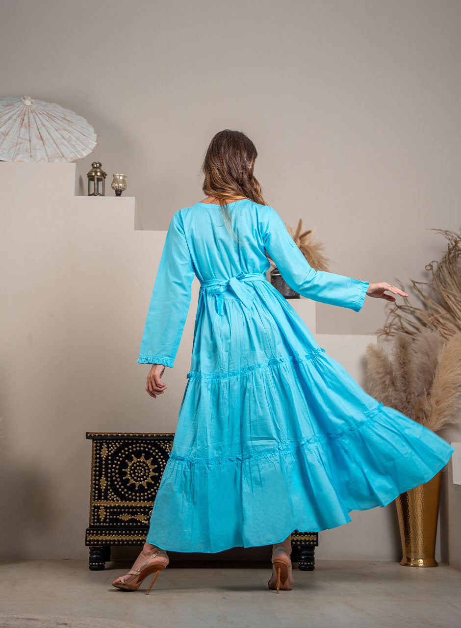 Captivating Charm: Light Blue Tiered Frill Maxi - Cotton