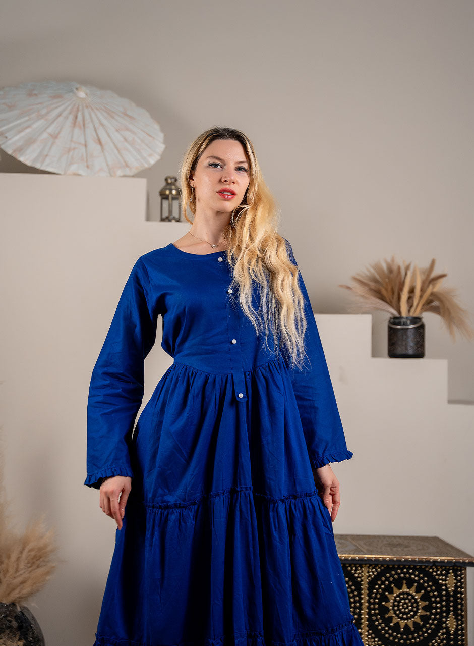 Chic Navy Blue Tiered Frill Maxi for Women - Cotton