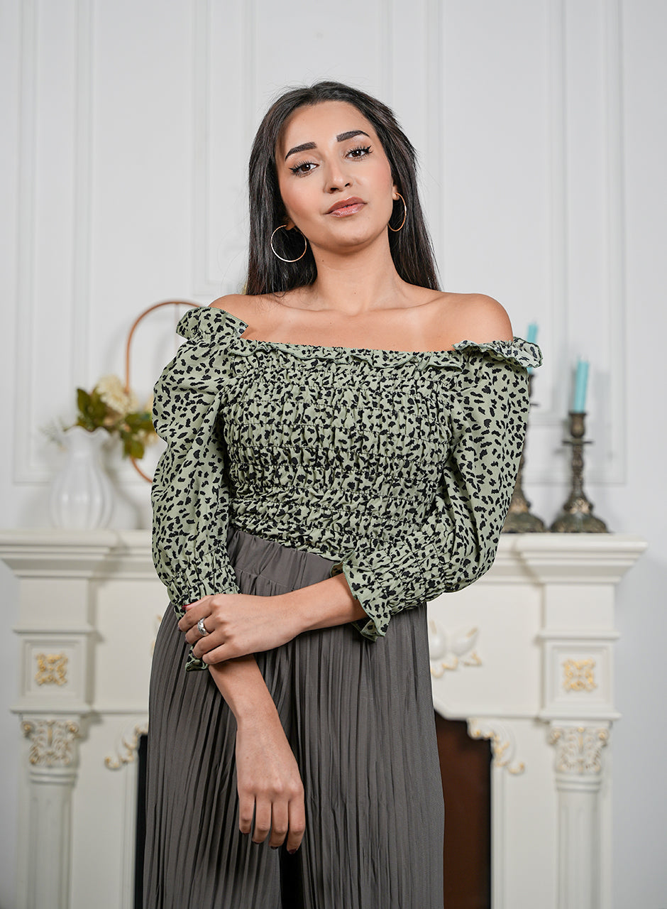 Spotted Green Frilled Off-Shoulder Top: