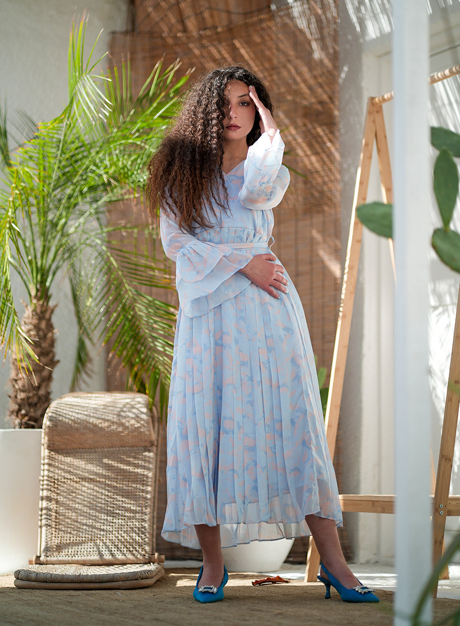 La Fleur - Glacier Garden Frilled Sleeves Maxi Dress