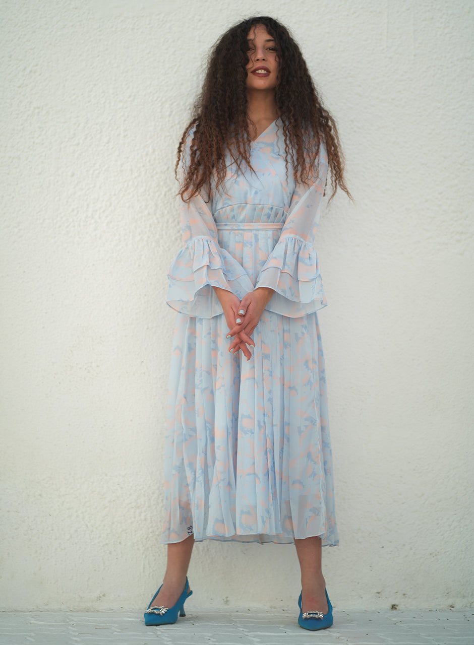 La Fleur - Glacier Garden Frilled Sleeves Maxi Dress