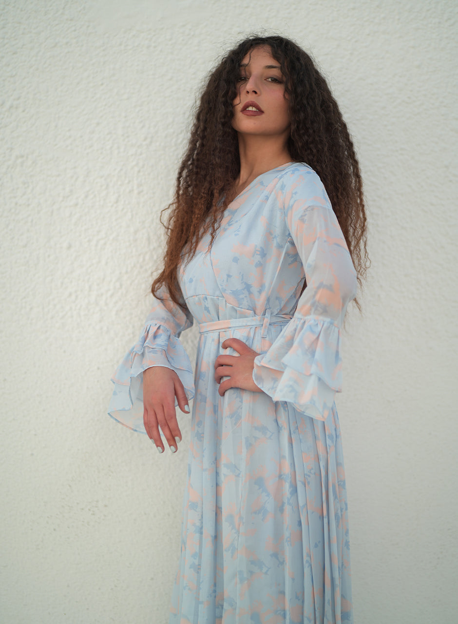 La Fleur - Glacier Garden Frilled Sleeves Maxi Dress