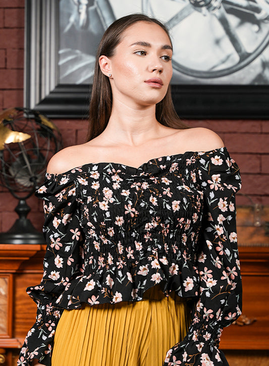 Black Off-Shoulder Frilled Top