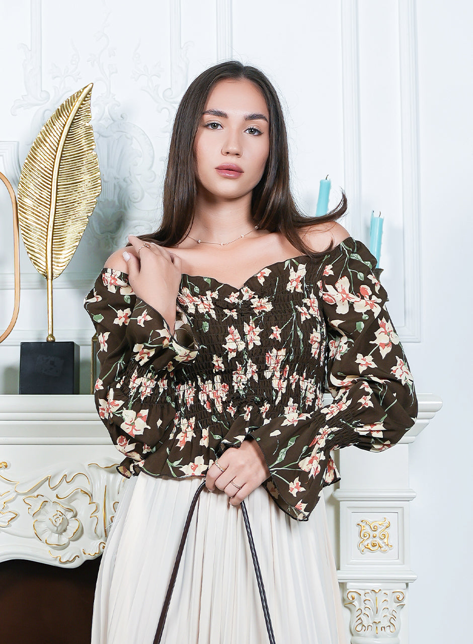 Bloom Burst – Brown Frilled Top