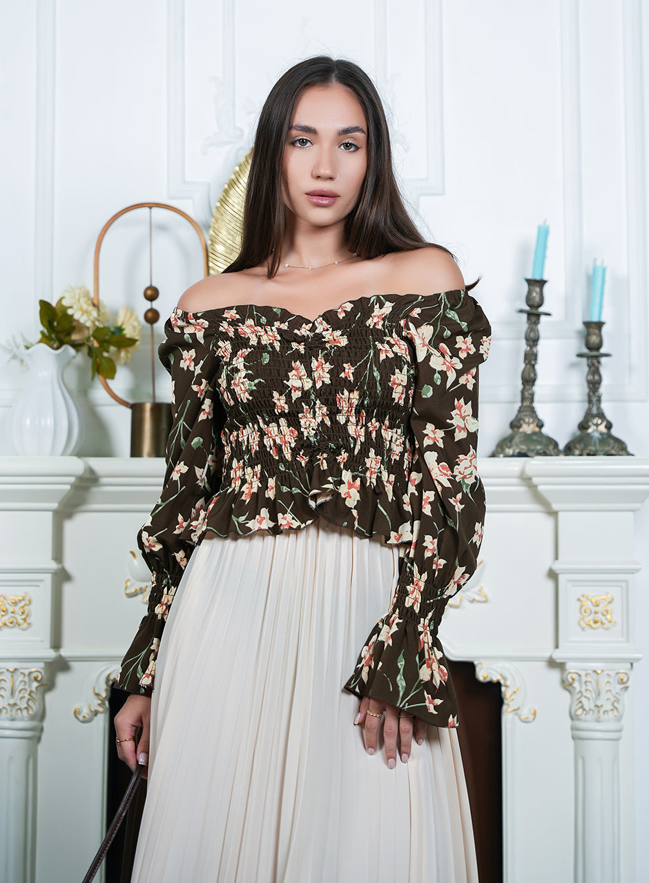 Bloom Burst – Brown Frilled Top