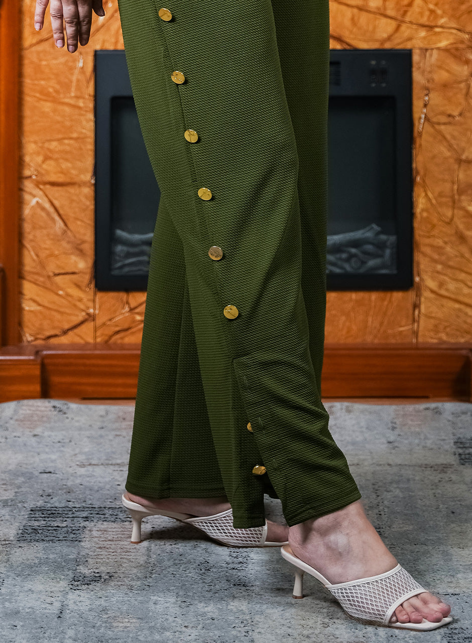 Green Bell Bottom Trouser with Button embellishment