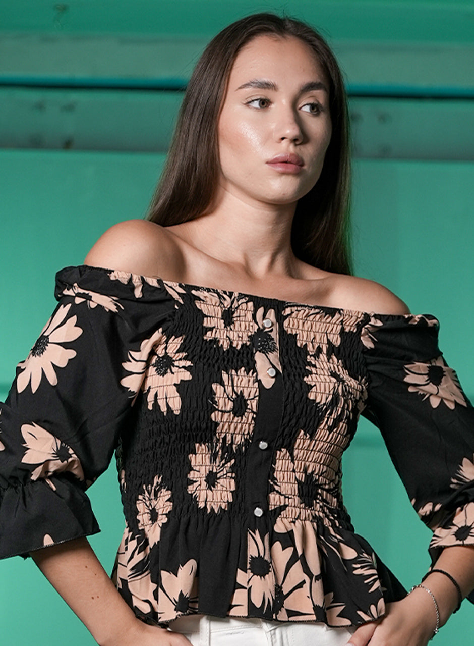 Black Floral Printed Off-shoulder top