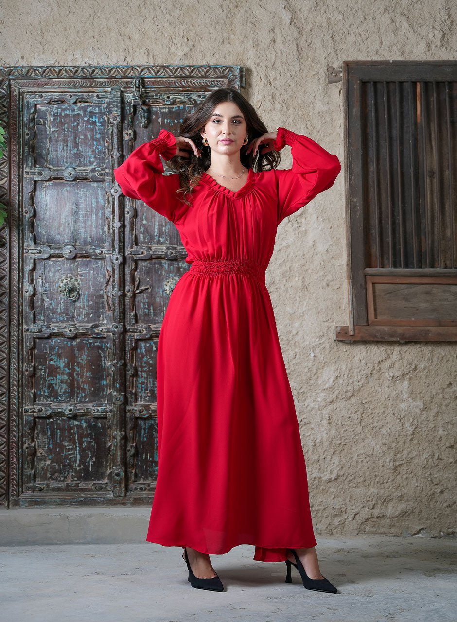 Graceful Red Maxi: Pleats Meet Chic - Elegant Waves