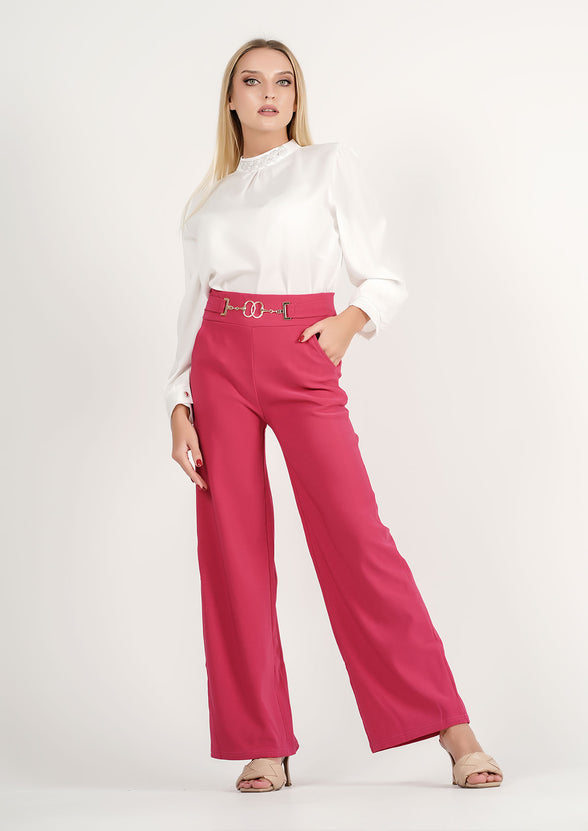 Pearl-Embellished Sophisticate Top + Rosy Radiance: Bold Berry Wide-Leg Trousers