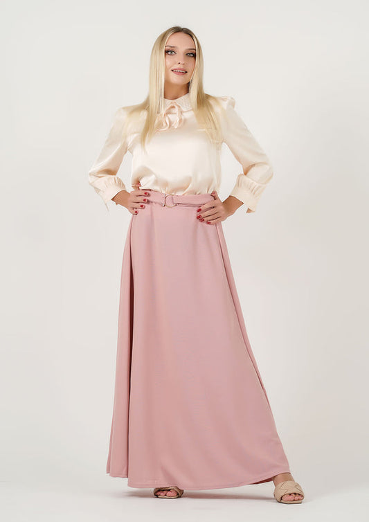 Lustrous Charm: Cream Silk Necktie Shirt + Blush Perfection: The Signature Flow Skirt