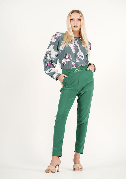 Blossom Harmony: Garden Print Tie-Neck Top + Chic Green Elegance: Verdant Vogue Trousers