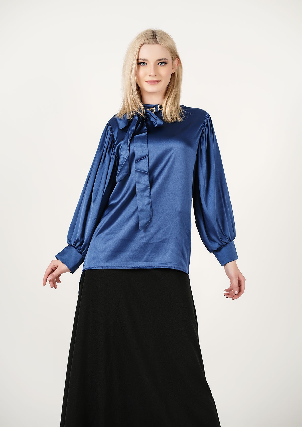 Sapphire Splendor: Luxe Satin Tie-Neck Shirt