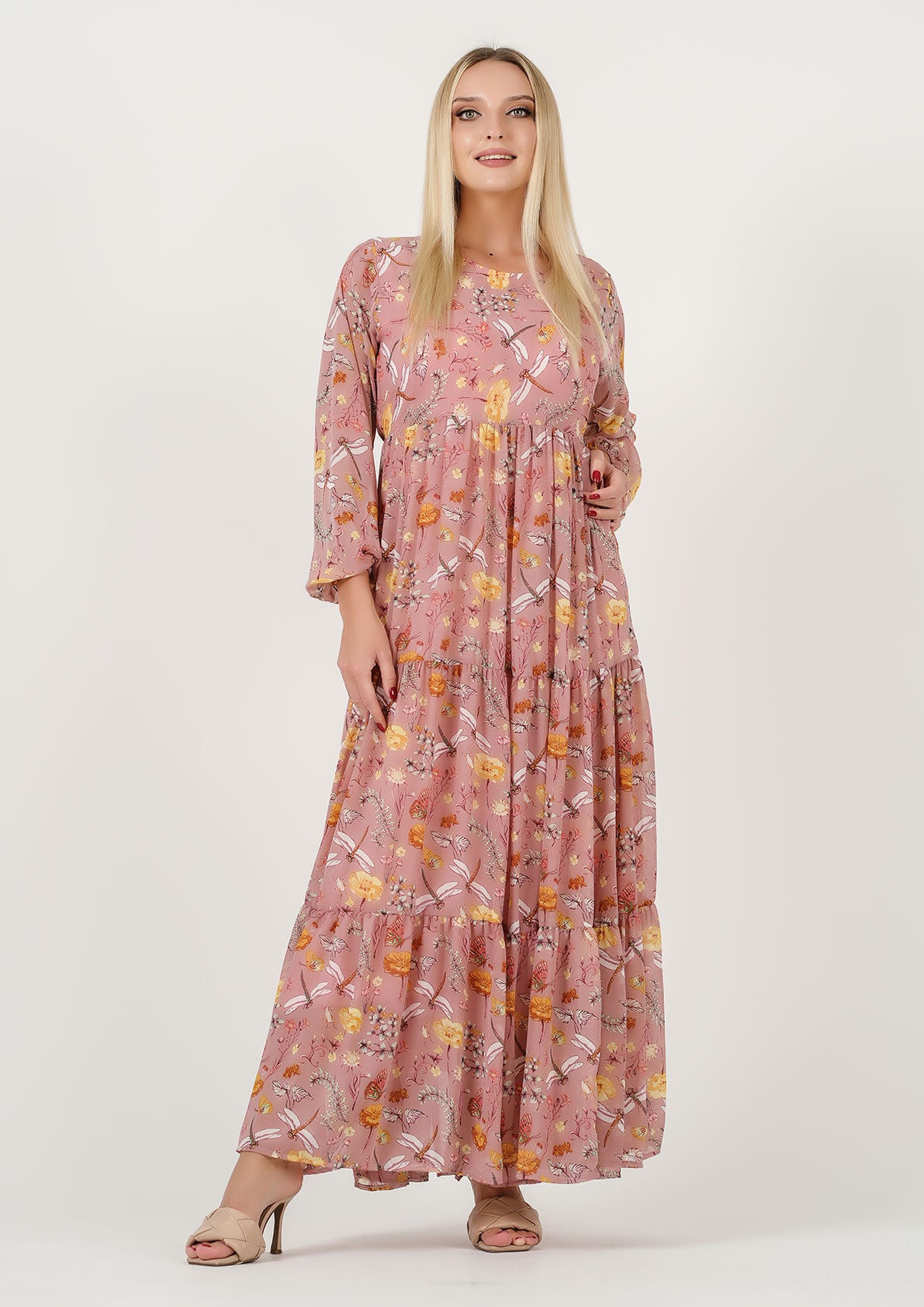 Blush Bloom: Enchanting Floral Chiffon Maxi Dress