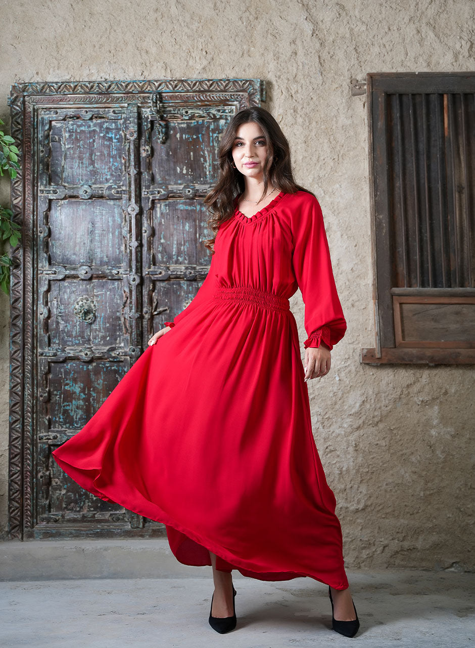 Graceful Red Maxi: Pleats Meet Chic - Elegant Waves