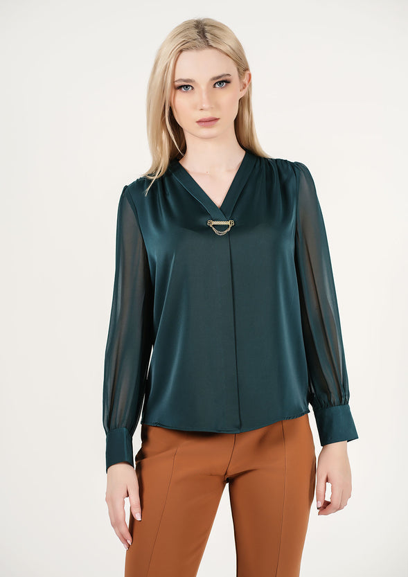 Emerald Enigma: Sheer Sleeve Keyhole Top + Autumn Spice: Cinnamon Flare Trousers