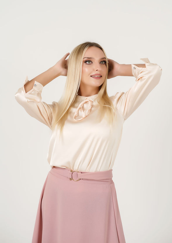 Lustrous Charm: Cream Silk Necktie Shirt + Blush Perfection: The Signature Flow Skirt