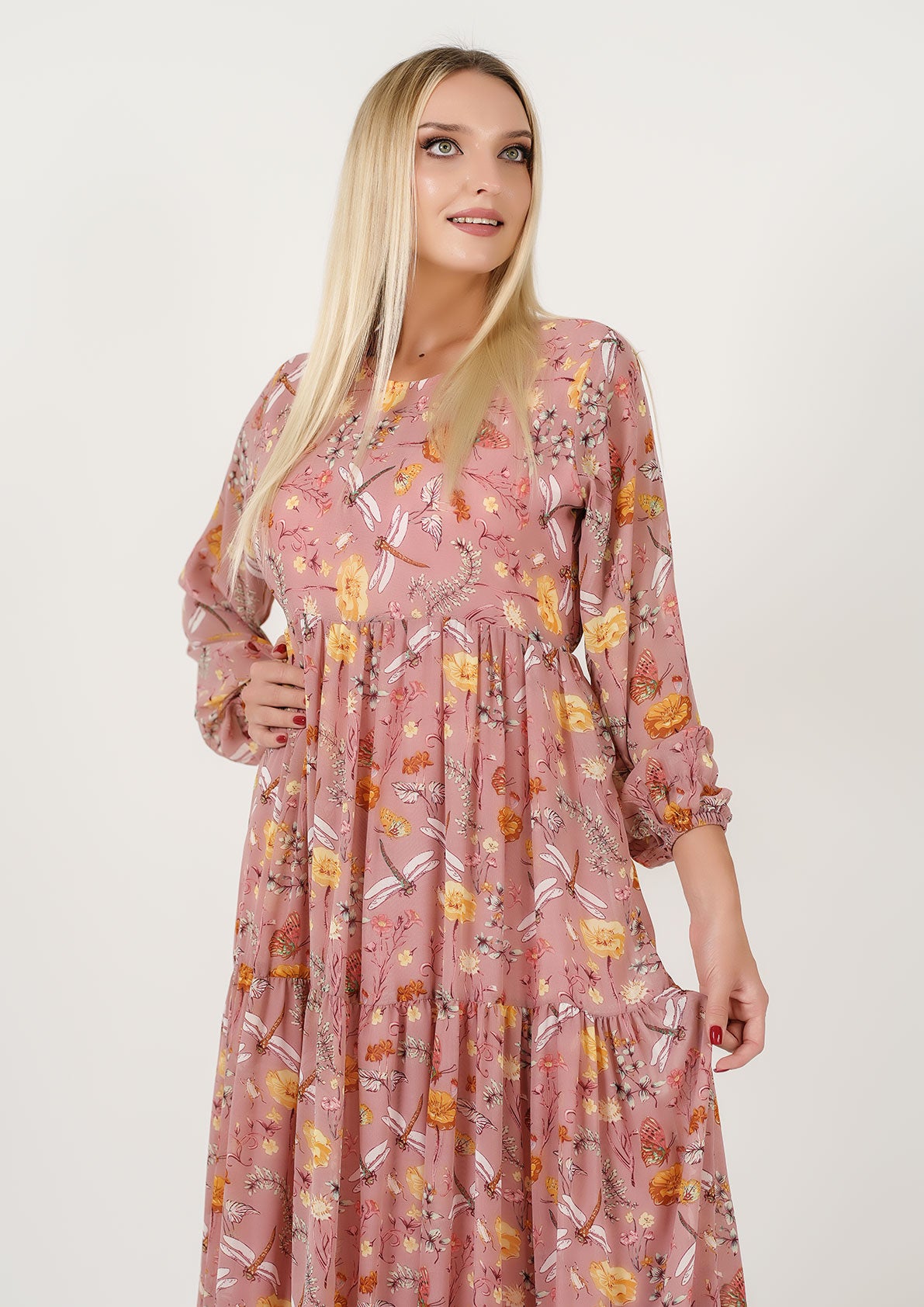 Blush Bloom: Enchanting Floral Chiffon Maxi Dress