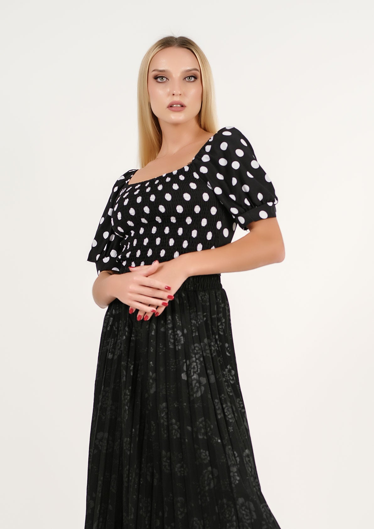 Monochrome Mélange: Polka-Dot Puff-Sleeve Top