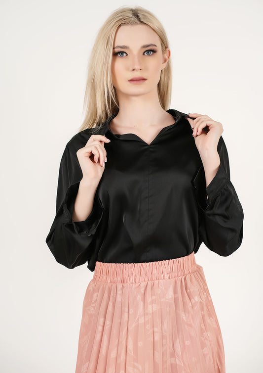 Midnight Elegance: Satin Billow-Sleeve Top