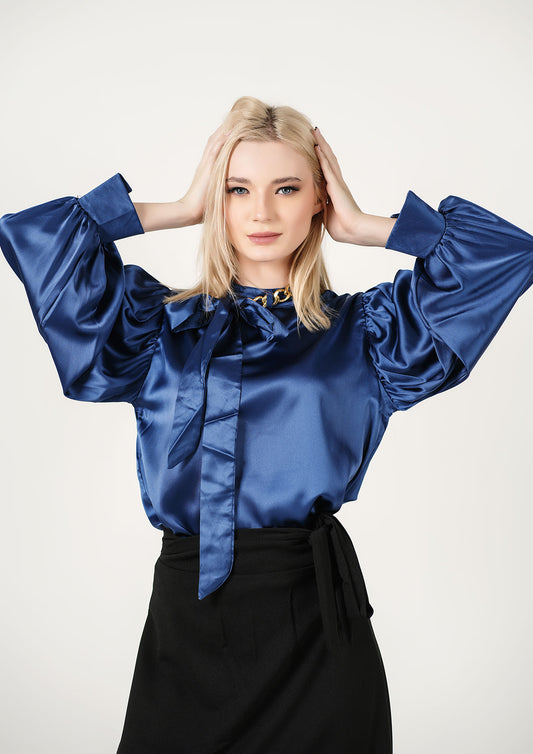 Sapphire Splendor: Luxe Satin Tie-Neck Shirt