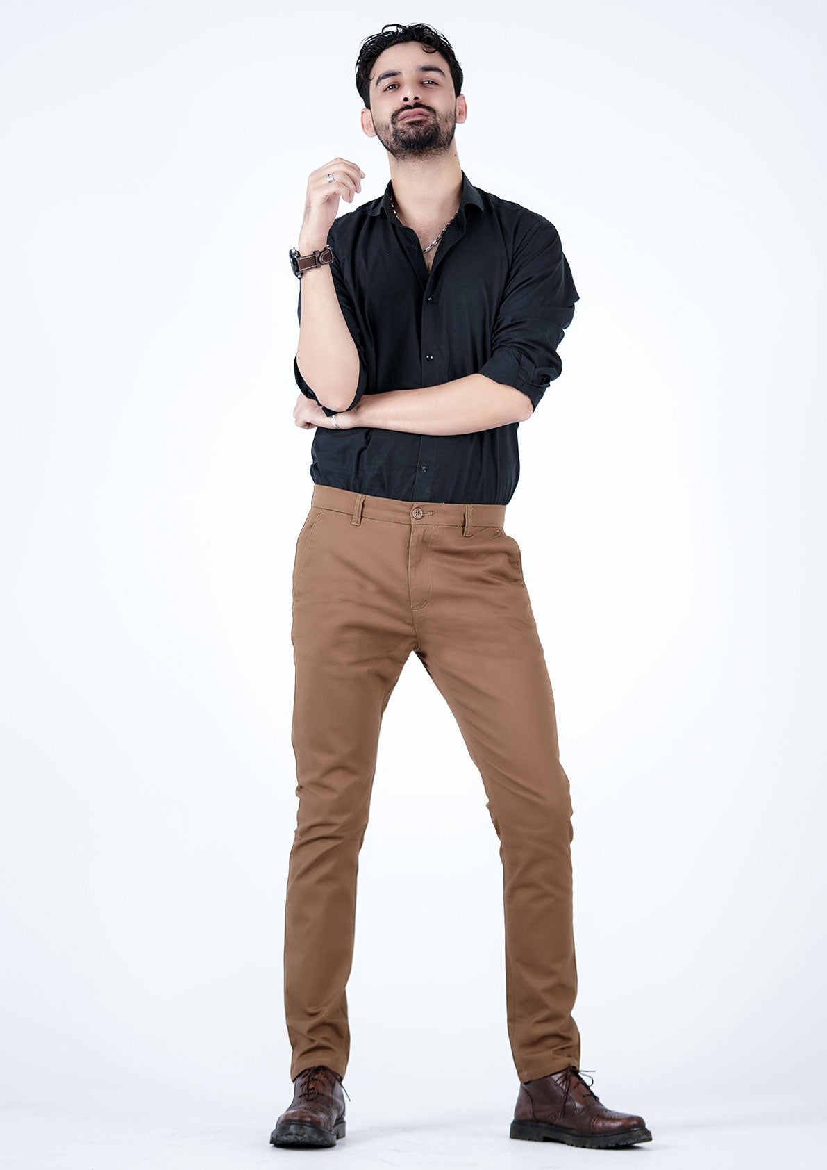 Solid Full Length Belted Chino Pants with Button Closure