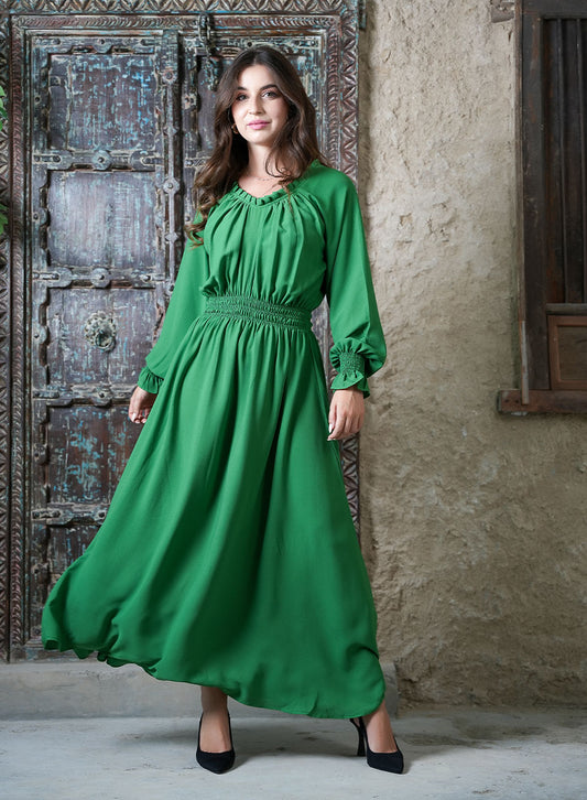 Elegant Waves Green Maxi Dress with Pleated Waist