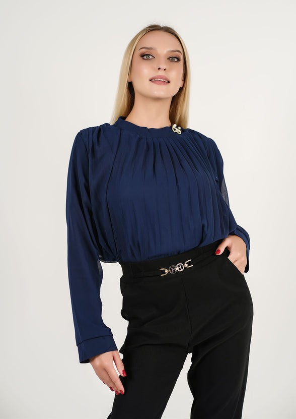 Midnight Majesty: The Elegant Top with a Twist of Pleats + Midnight Charm: Sleek Black Ankle Pants