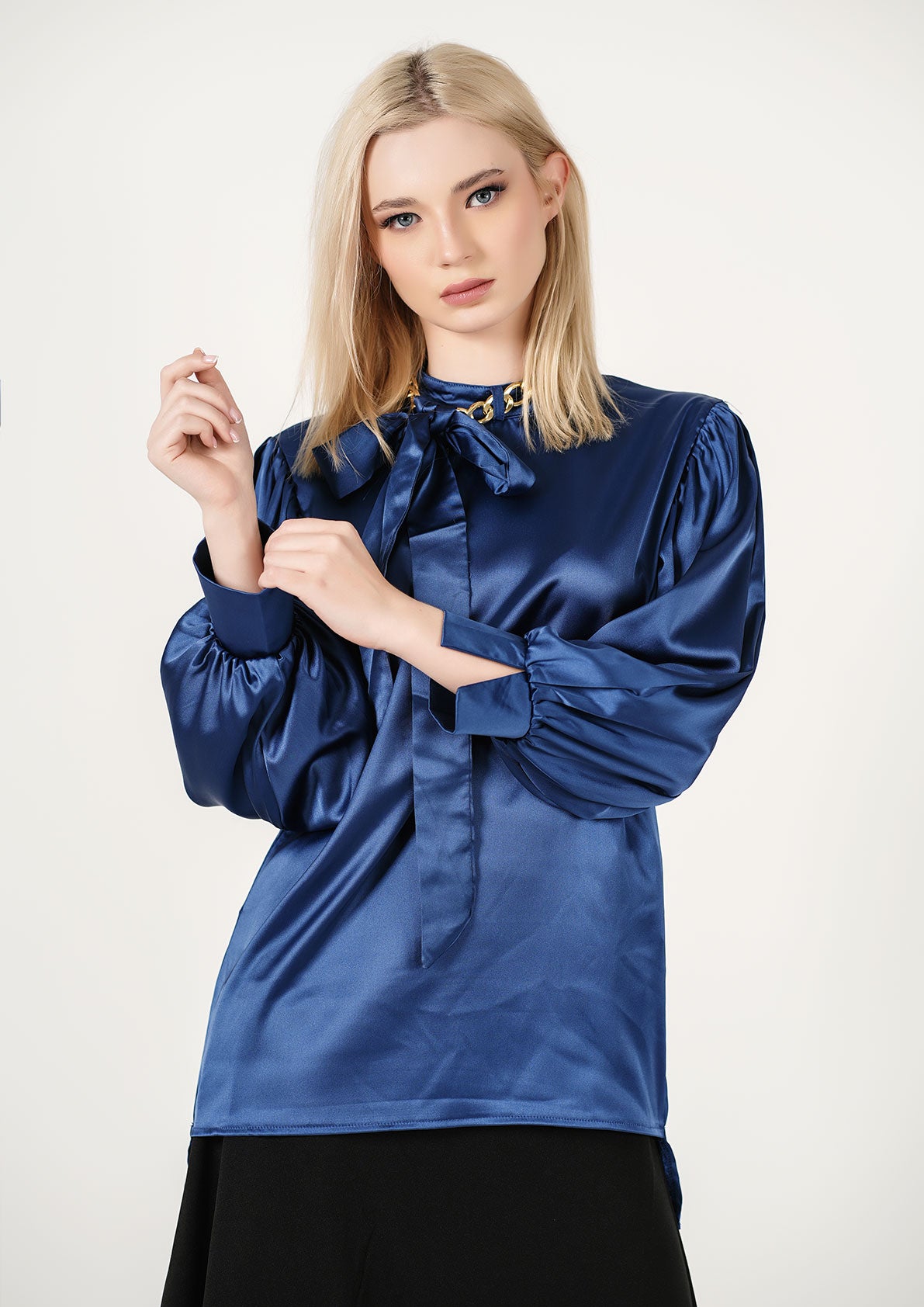 Sapphire Splendor: Luxe Satin Tie-Neck Shirt