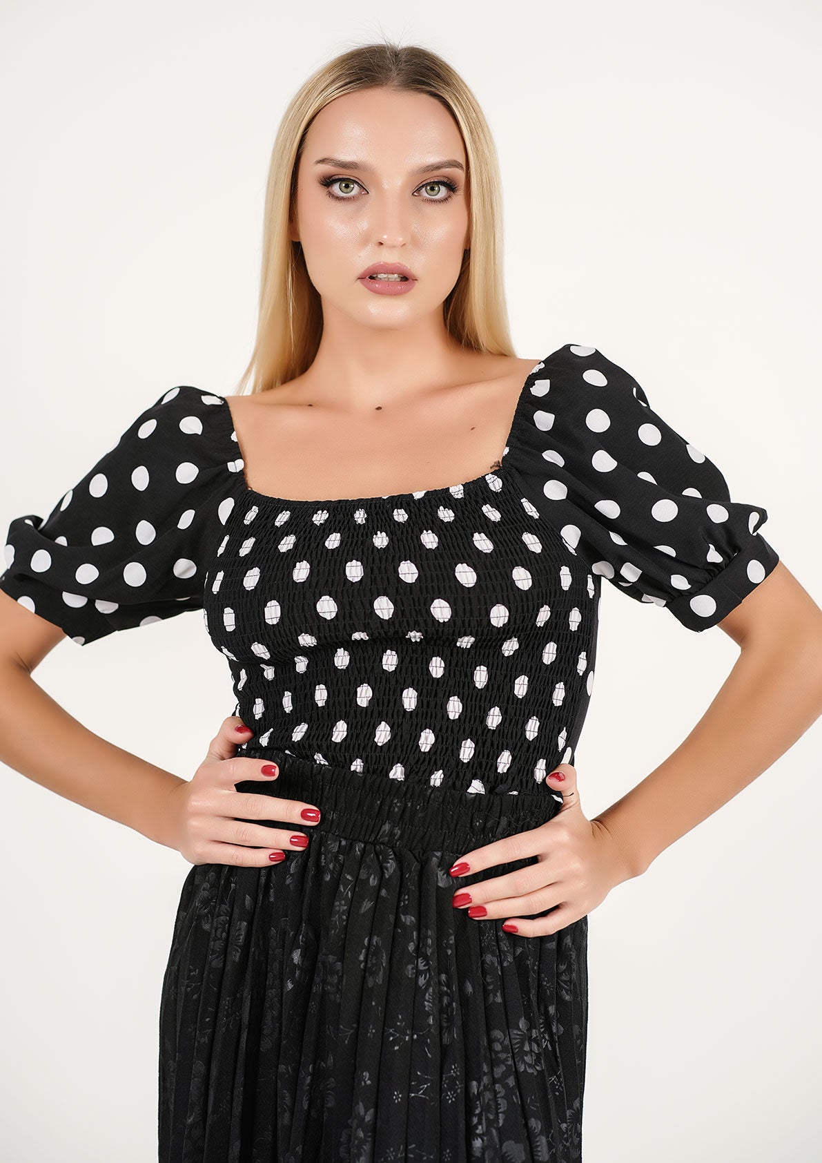 Monochrome Mélange: Polka-Dot Puff-Sleeve Top