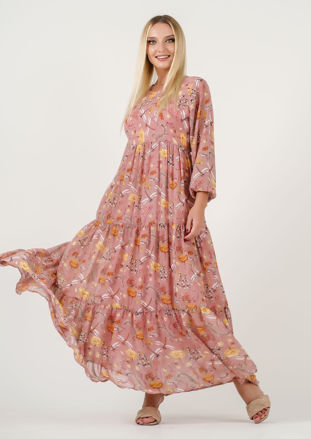 Blush Bloom: Enchanting Floral Chiffon Maxi Dress