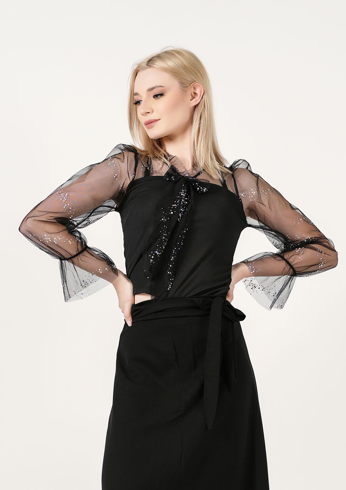 Starry Night: Sequined Sheer Sleeve Top