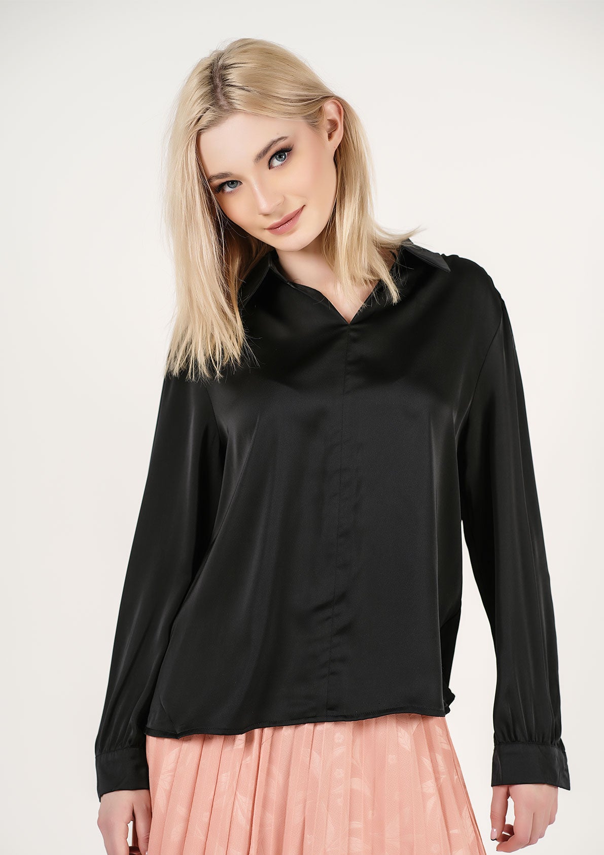 Midnight Elegance: Satin Billow-Sleeve Top