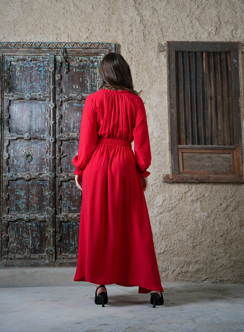 Graceful Red Maxi: Pleats Meet Chic - Elegant Waves