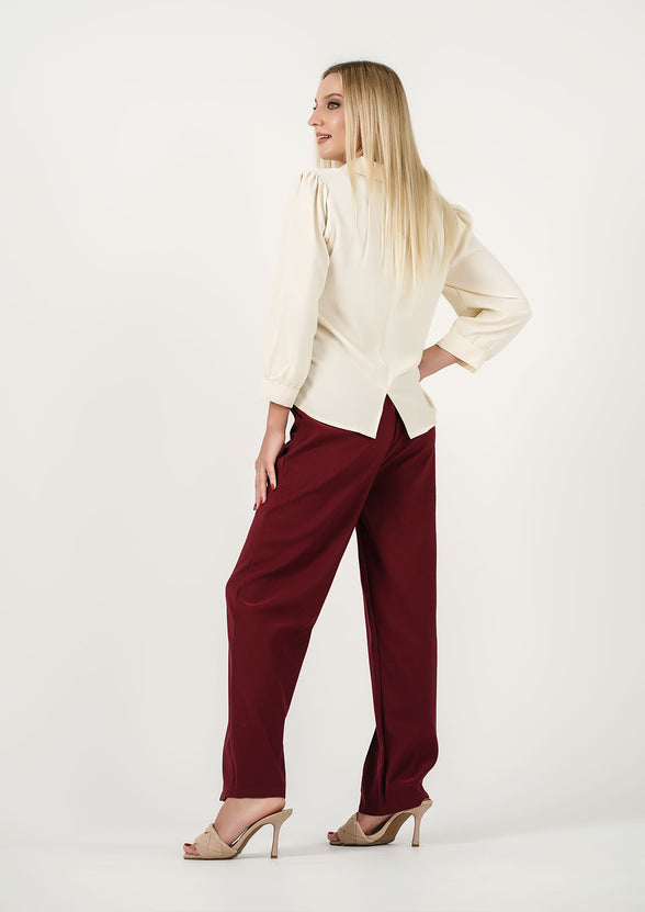 Timeless Elegance: Ivory Tie-Neck Blouse + Stride in Style: The Maroon Mastery Pants