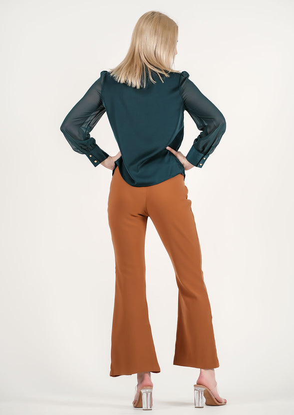 Emerald Enigma: Sheer Sleeve Keyhole Top + Autumn Spice: Cinnamon Flare Trousers